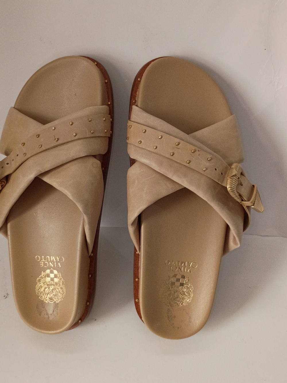 Vince Camuto Taupe Studded Cross-Band Slide Sandals